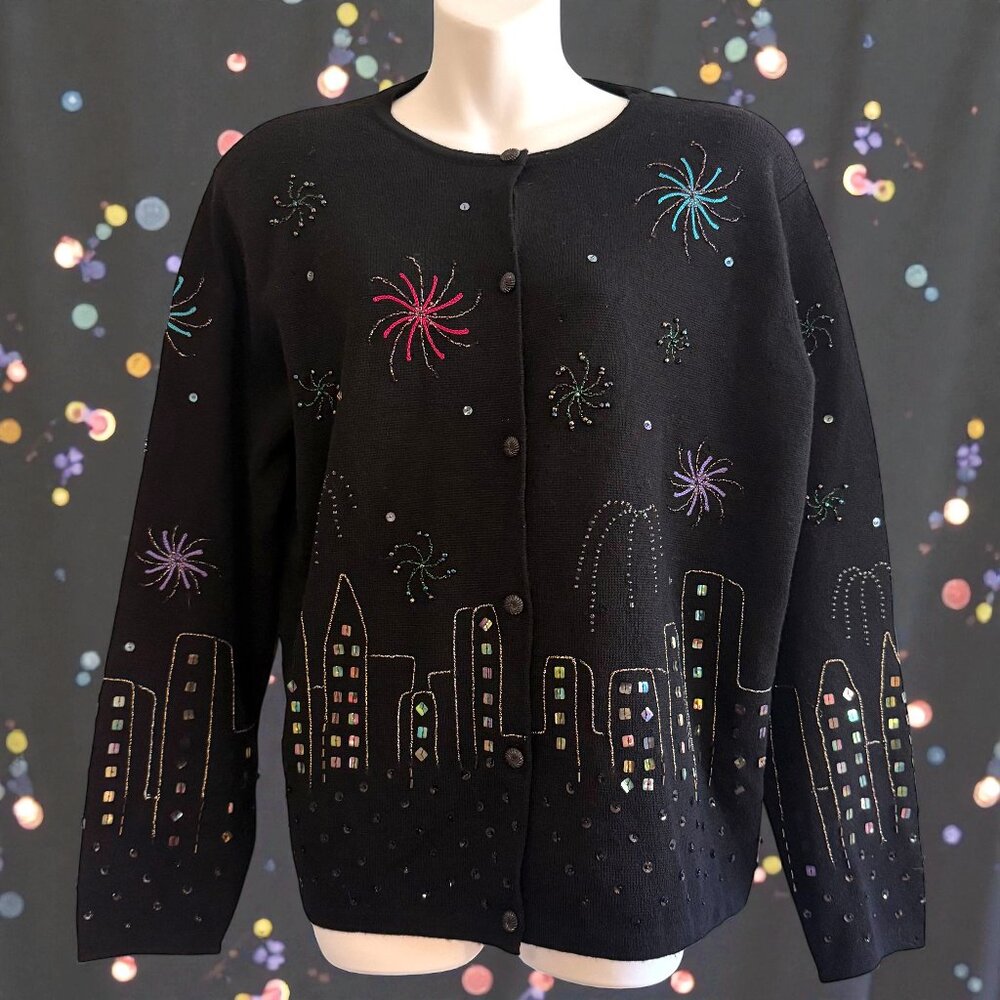 Vintage Y2K 2000 Beaded NYE Fireworks NYC City Skyline Merino Wool Cardigan XL